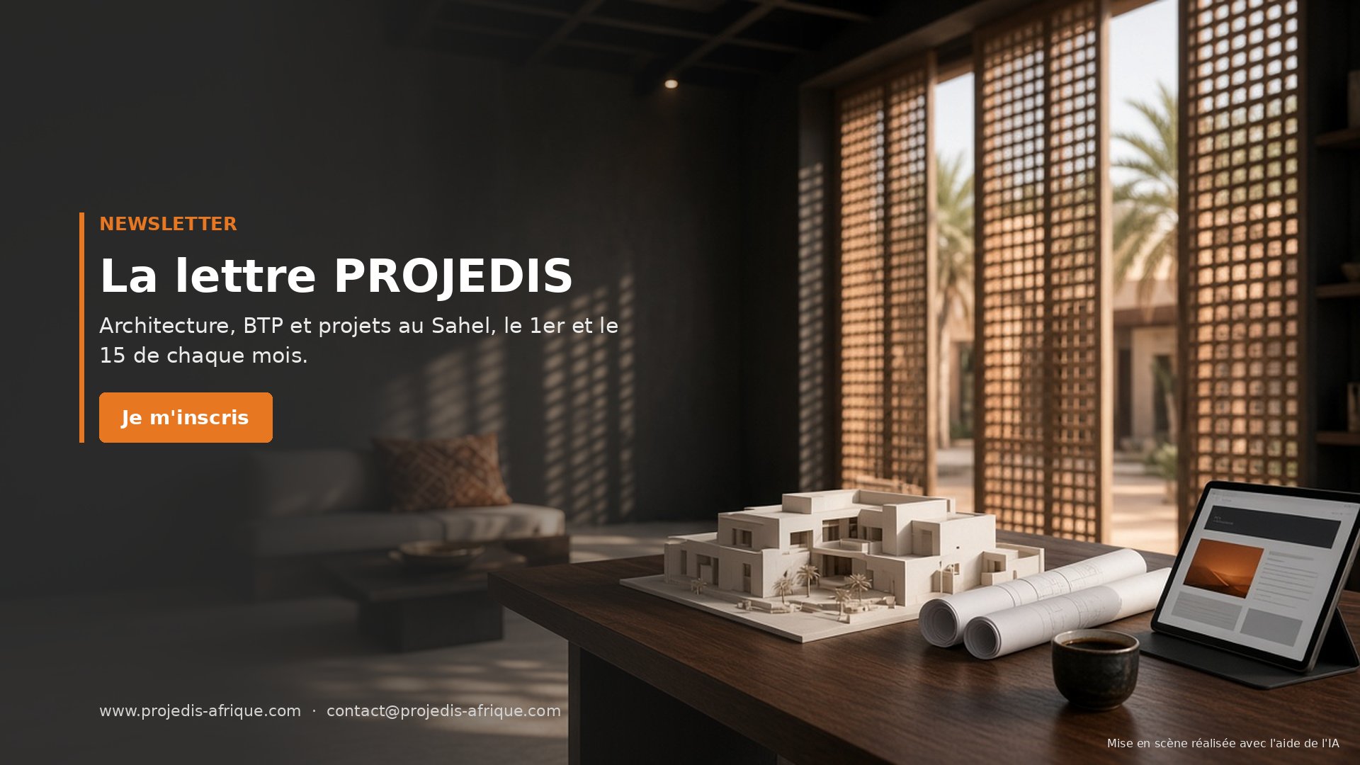 Bureau d’architecte à Niamey avec maquette de villa sahélienne et tablette affichant la Newsletter-PROJEDIS